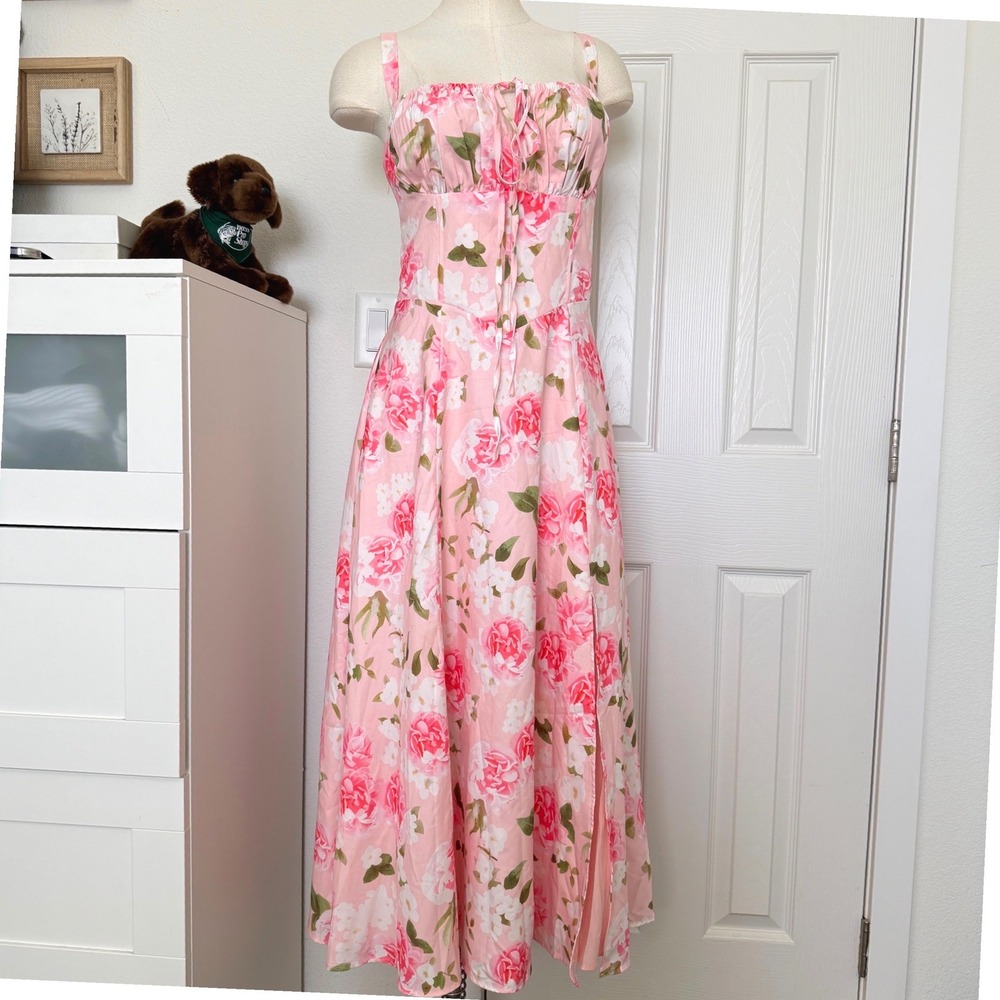 Parthea Pink Floral Corset Maxi Dress Milkmaid Lace Up side Slit Size L cottage